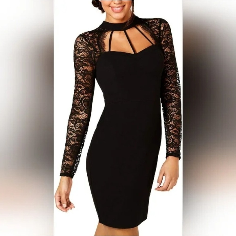 Guess Black Mini Dress Lace Sleeves Fairy Whimsgoth Bodycon Y2K Club Black Sz 0